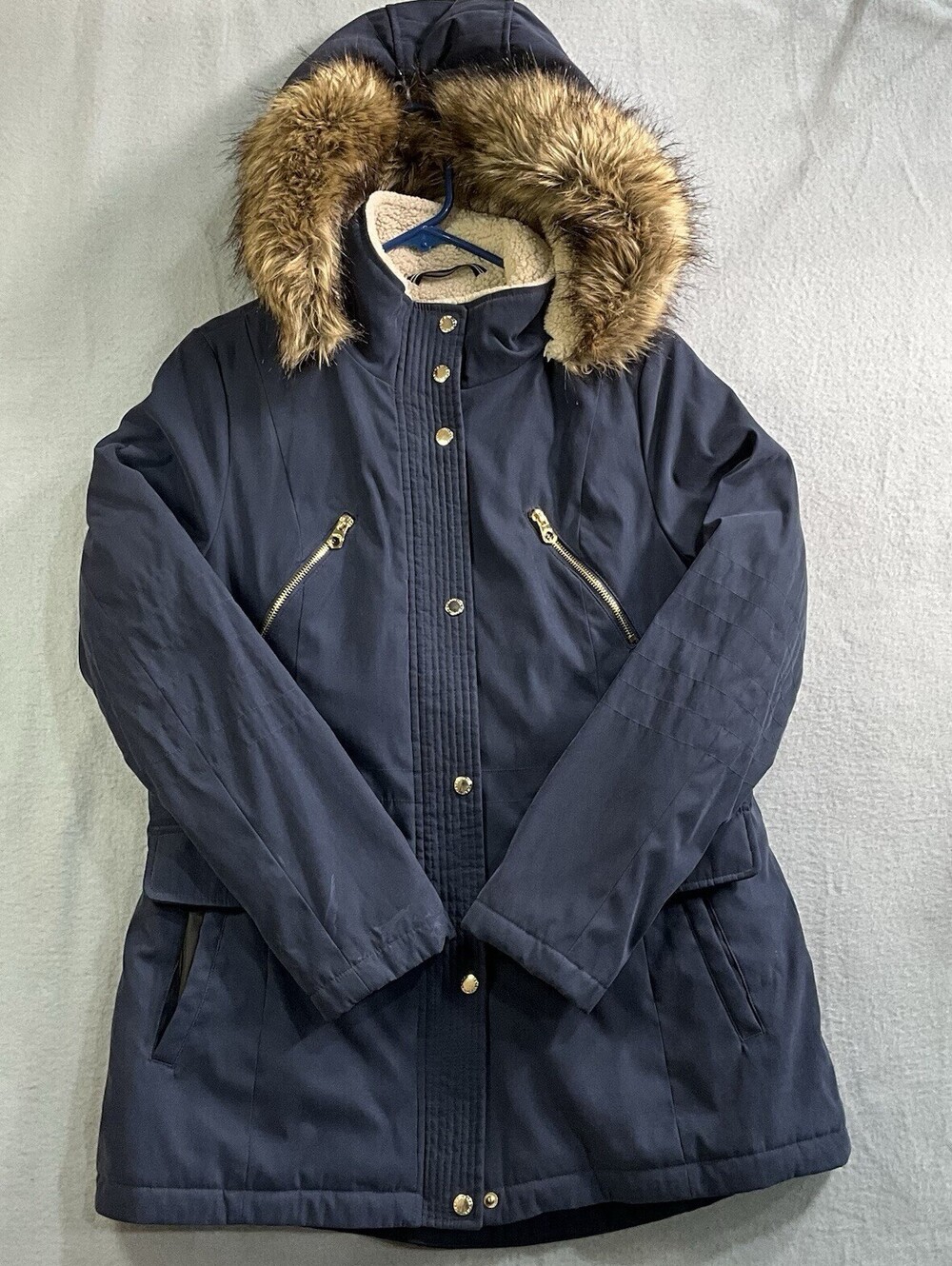Nautica Women's Faux Fur Hooded Parka Coat Navy Blue Size XL Winter Jacket